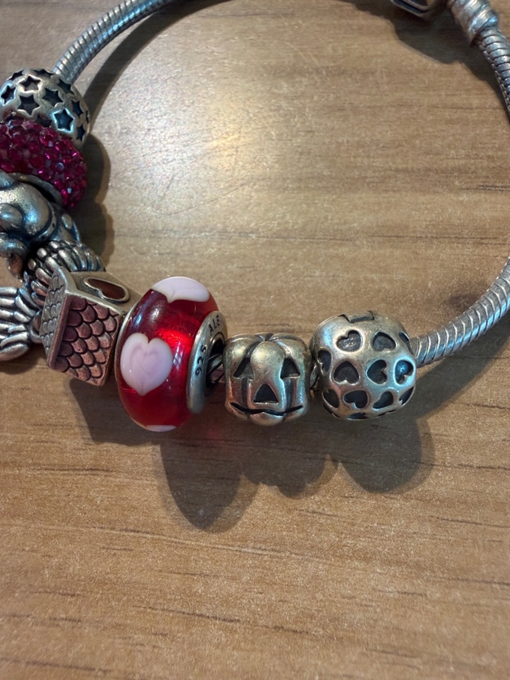 Pandora Silver Charm Bracelet with Red and Silver Accents and Heart Glass Bead - Picture 3 of 5